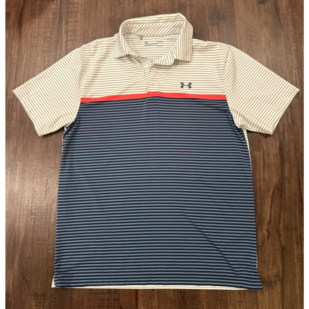 Mens Under Armour White Blue Orange Striped Polo Shirt Short Sleeve Large